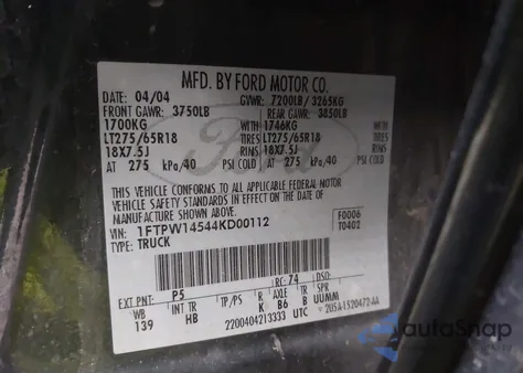 2004 Ford F-150 Fx4/Lariat/Xlt from USA, damaged, VIN 1FTPW14544KD00112